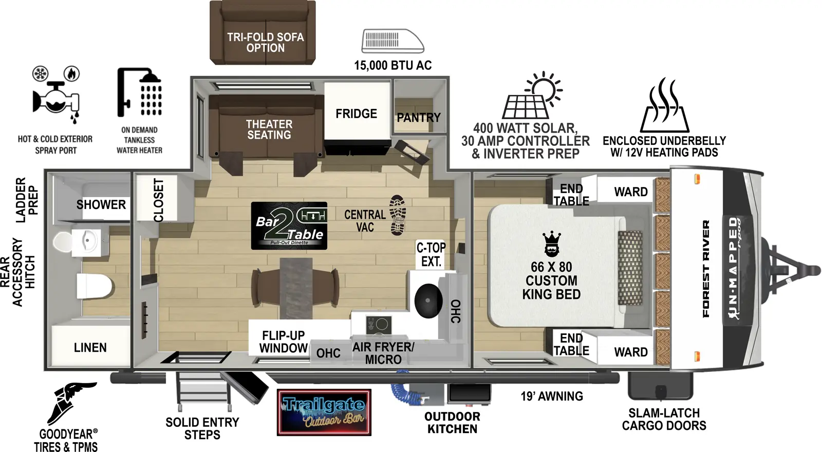 The Un-Mapped 22RB floorplan has one entry and one slide out. Exterior features include: fiberglass exterior, 19' awning and outside kitchen. Interiors features include: front bedroom and rear bathroom.